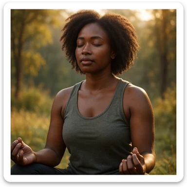 realistic style portrait of a black woman meditating, with a nature background and warm light sticker