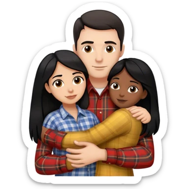 Tall white man with dark hair wearing plaid hugging small hispanic woman with black hair sticker