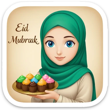 Turkish beautiful finish Konya girl blue eyes with green emerald hijab islamic dress and had on her hand text Eid Mubarak with sweets and celebrating with her friends eid days   sticker