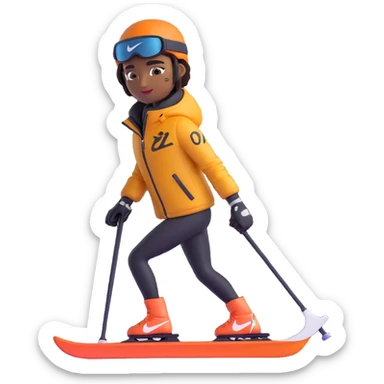 skier with brown skin, Nike logo on jacket, sleeve tattoos, in a modern 3D emoji style sticker