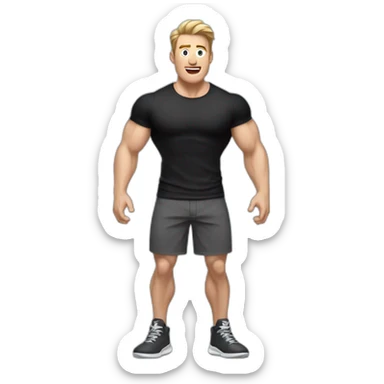 amazed Open with surprise mouth Pale skinned Fit Man With the biceps and dark brown hair in black shirt, gray sports shorts and white Sneakers sticker