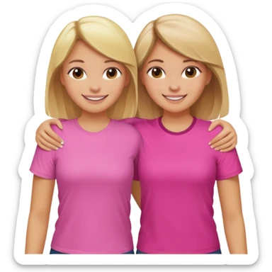 Two Girls with their arms around each other at summer camp one blonde one brown hair wearing pink shirt smiling  sticker