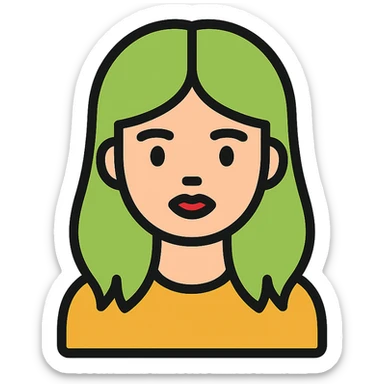 girl with green hair like Billie Eilish and red lipstick, color outline icon style sticker