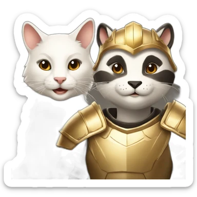a smiling badger with a white female cat wearing a golden light armour also smiling sticker