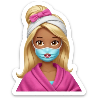 Brown skin blonde hair Barbie with face mask on and hair in towel sticker