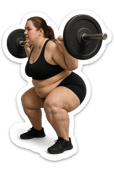 donna leggermente in sovrappeso con lipedema alle gambe che fa uno squat di profilo con bilanciere, IPERREALISTICA 4K sticker