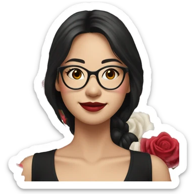 Asian girl, smiling with teeth, fair skin, black long hair, black eyes, black glasses with gold frames, red lipstick, wearing a white lace tank top and a black office jacket on top, with pink and red roses around her. sticker