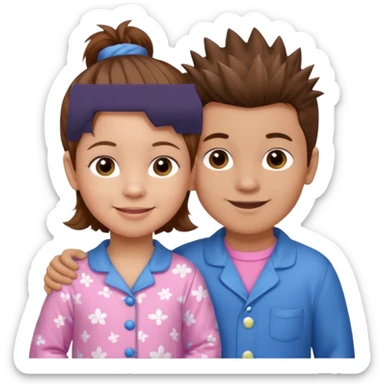 Try another - a smaller toddler girl with brown hair with her hair up, wearing pink pajamas and a bigger 4 year old boy with spikey brown hair, wearing blue pajamas. Both light skin and smiling.  sticker
