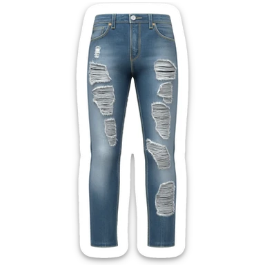 Ripped, destroyed skinny jeans inspired by Amiri style, heavily distressed denim with stacked fit, knee rips, frayed details, light wash, emoji style, centered, no model, no shoes, no extras. sticker