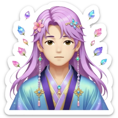 Beautiful gorgeous blushing Korean-Japanese-youthful elegant handsome anime guy with beautiful iridescent-special-medium-long-hair, fashion aesthetic, ethereal, fairycore, pastelcore, flower petals, crystals, layered robes, accessories, jewelries, gold, colorful, shiny, trending style, outside sticker
