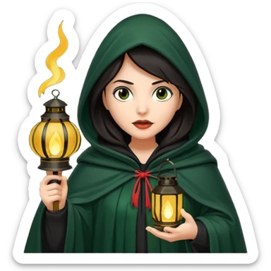 traitor tv show, dark haired woman wearing dark green cloak with hood up who looks very evil and is holding up a lantern sticker