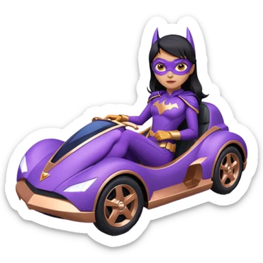 Hot full size real-appearance racing action BatGirl’s Lego feminine midnight-purple tight outfit sixty’s tv show 1992 stealth retro cat burglar sporty petite off-road pursuit hovering hover cruiser car rose gold accents (black hair,reclined and relaxed seating position and attitude) desert sticker