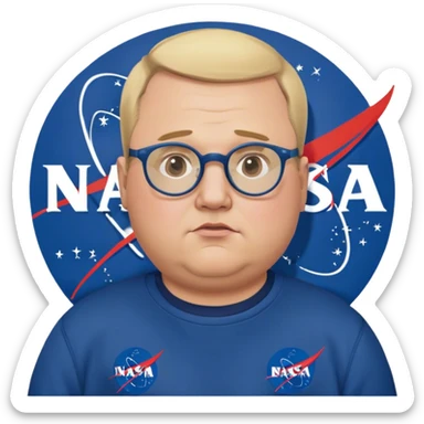 miffed and sad chubby man, with blond short and hight receding hairline, wears a dark blue nasa sweatshirt, nasa logo on the breast, round glasses, 40 years old sticker