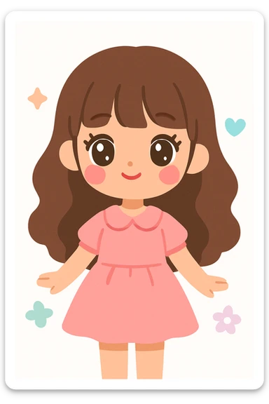 A feminine girl with medium skin, pink cheeks, large hazel eyes, long eyelashes, long wavy brown hair with bangs, straight nose, soft tip, natural red lips, wearing a lovely pink dress, in a kawaii style. sticker