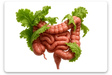 foglie di insalata che attaccano un intestino anatomico umano per distruggerlo, iperrealistico sticker