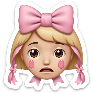 crying emoji face with a soft pink bow on top sticker