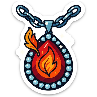 A teardrop ruby pendant with fiery light, a tiny phoenix feather emerging, haloed by shimmering white stones, and a silver chain like liquid moonlight sticker