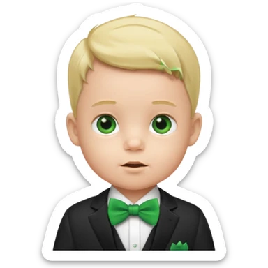 baby boy in suit, with green bow sticker