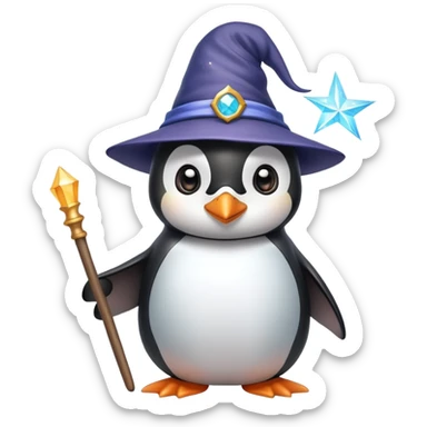 Cute penguin wearing wizard hat and holding a magic wand sticker