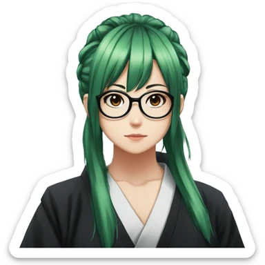 Maki zenin from jujutsu kaisen, Green hair tied one pony tail,side bangs, visible glasses, serious face, wear black leggings, Jujutsu kaisen women uniform sticker