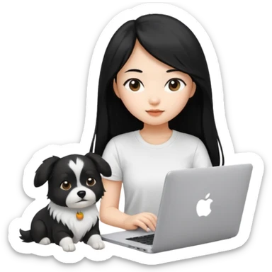 Asian girl long black hair, wearing a white t-shirt, working on an Apple laptop, next to her is a small black and white female dog sticker