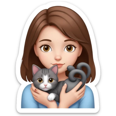 Girl with brown hair holding a grey and black kitten with love hearts around  sticker