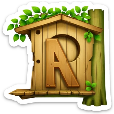 letter W on the side wall of a treehouse in a tree, top leaves visible sticker