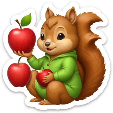 squirrel in acorn pajama suit snoring with holding apple sticker