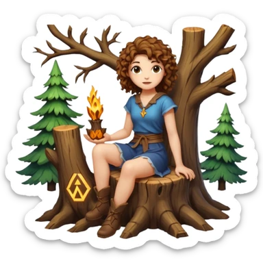 full body woman short curly brown mullet hair brown eyes white skin sitting on tree stump carving glowing rune sticker
