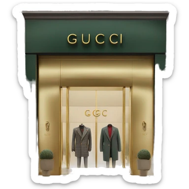“Gucci store exterior with gold logo above entrance, large glass windows displaying luxury fashion, and elegant double doors.” sticker