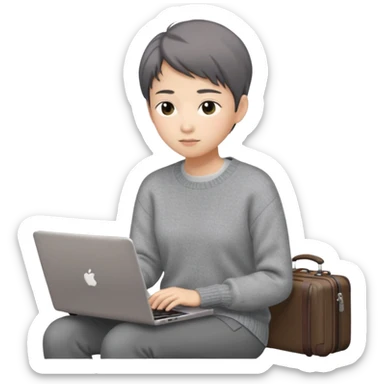 페르소나 요약 : 교환학생을 준비하는 대학생. 동양인 중성 20대의 상반신, 캐주얼한 옷(니트, 맨투맨)을 입은 채 노트북을 보고 있으며 옆 한켠에는 캐리어가 함께 준비되어 있어요. 안경은 끼지 않았어요 sticker