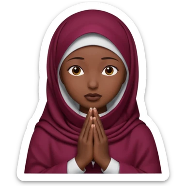 darkskin muslim black woman praying with burgundy hijab hyper realistic face, islamic prayer position  sticker