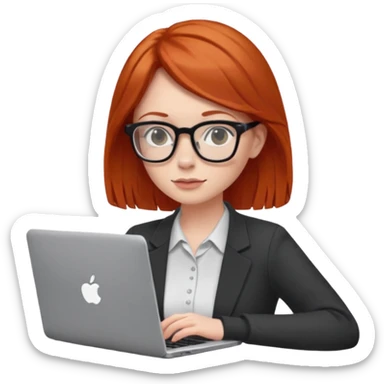 redhead female with glasses focused on a laptop sticker