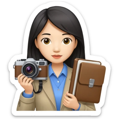 journalist asian woman long hair holding camera and notebook sticker