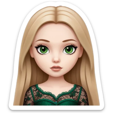 pretty bratz girl, long straight light brown hair, dark green eyes, black eyeliner, pale skin, dark girly lace clothes sticker