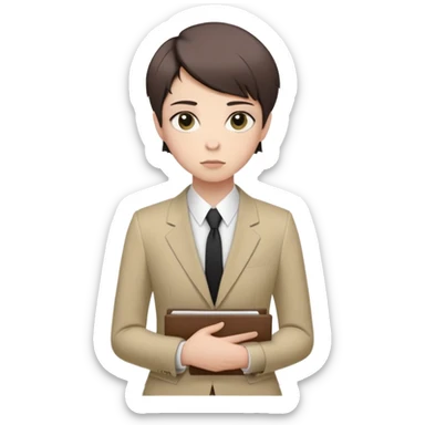 Gender: Non-binary Hair: Asymmetrical short cut (left longer) Face: Slightly flushed cheeks, eager wide eyes Clothes: Ill-fitting new suit with pinned hem Action: Clutching orientation folder nervously sticker