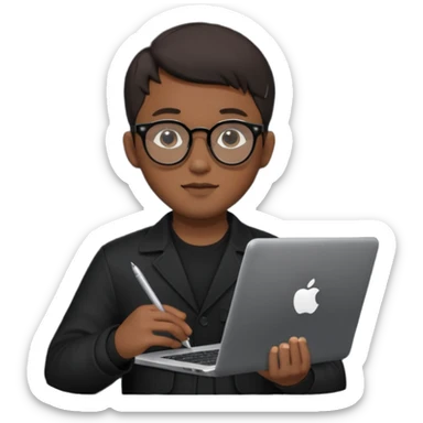 a asia man guy his 20s wearing an apple notebook, wearing bodyguard radio operator, round glasses, blackclothes sticker