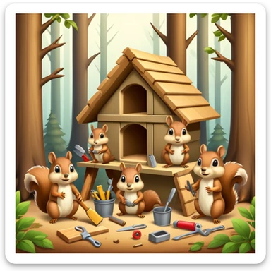 squirrel hut under construction with four workers sticker