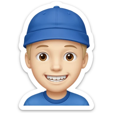 schoolboy with big front teeth wearing a cap sticker