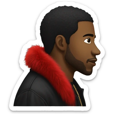 side profile of a hip hop artist. he is wearing a black coat. the coat also has a red furry collar. sticker