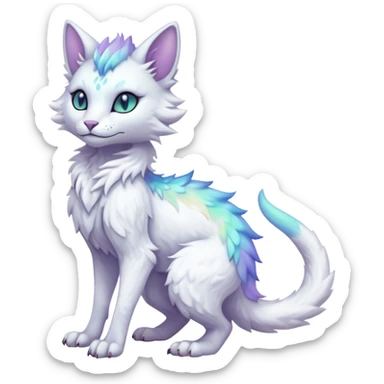 Kawaii white pastel iridescent beautiful pretty elegant divine edgy fantasy feline-vernid-sergal-fursona animal creature with a tufted tail full body with intricate markings  sticker