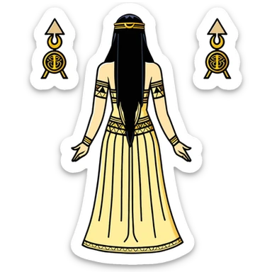 back view of Anunnaki goddess Inanna with straight long black hair and ancient Sumerian symbols embroidered on her ceremonial dress sticker