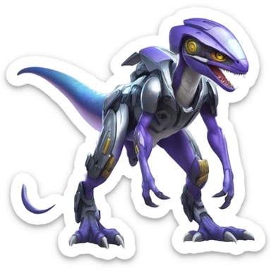 Cyberpunk-themed Shiny Velociraptor-Genesect-Fakémon-Pokémon wearing a with a futuristic helmet Full Body sticker