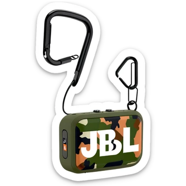 JBL Go Clip 4 portable speaker with camouflage colors and carabiner clip sticker