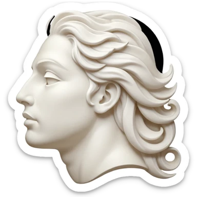 Create a stylized illustration of a classical face carved in white marble, shown in profile, gently blowing wind. The wind is depicted as decorative swirling lines emerging from the mouth.  sticker