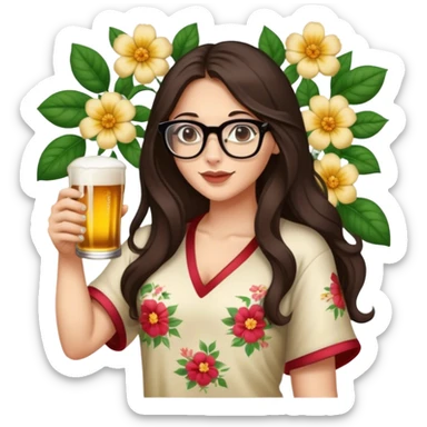 A beautiful brunette with long hair in slippers, glasses, a floral mural on her arm, and a beer in one hand sticker