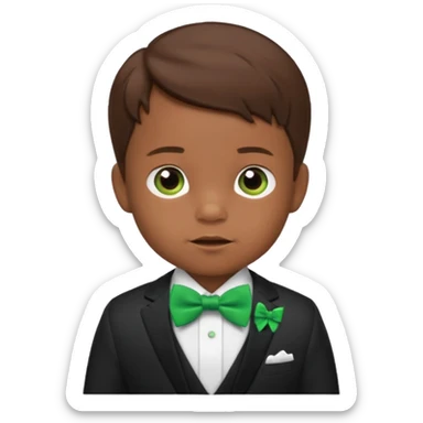 baby boy brown hair in suit, with green bow sticker