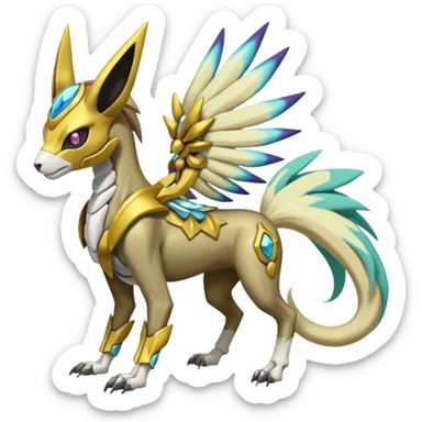 Colorful Skeletal masked armored Futuristic Meloetta-Manectric-Solgaleo-Raikou-Pokémon-Digimon-Fakémon-fusion-hybrid-creature, full body sticker