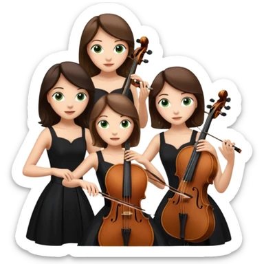 Create an imagine of three brunette women playing string instruments in black dresses, the first is playing a cello with blue eyes, the second is playing a viola with hazel eyes and the third is playing the violin with green eyes sticker