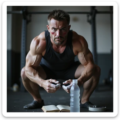 30-year-old muscular man, heavy squat in gym, tired face, hands with chalk, training diary nearby, dark circles and redness on joints, water bottle, magnesium, belt on floor, blurred gym background, cold lighting, cinematic realism style sticker